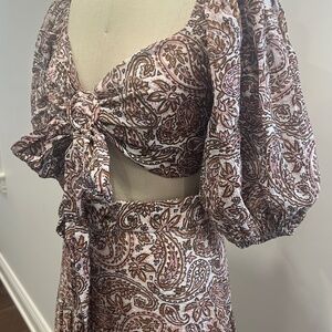 MINKPINK Pink and Brown Paisley Puff-Shoulder Tie-Front Dress